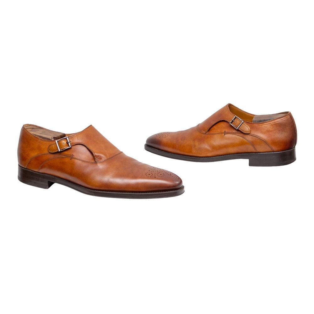 Magnanni Mens Cognac Brown Leather Medallion Toe Single Monk‎ Strap Shoes US 12